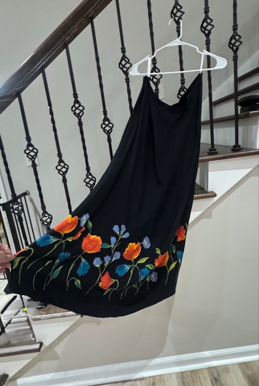 Vintage Laura Ashley Black Floral Maxi Slip Dress Rayon UK Size 12